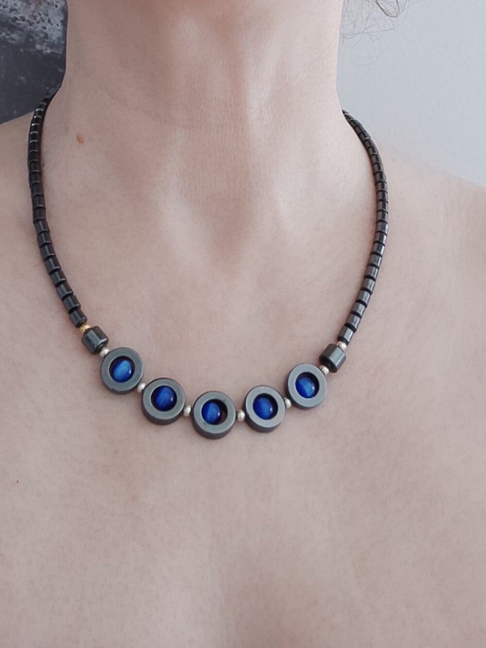 Vintage Hematite Cylinder Bead Necklace with Blue Cat's Eye Stones